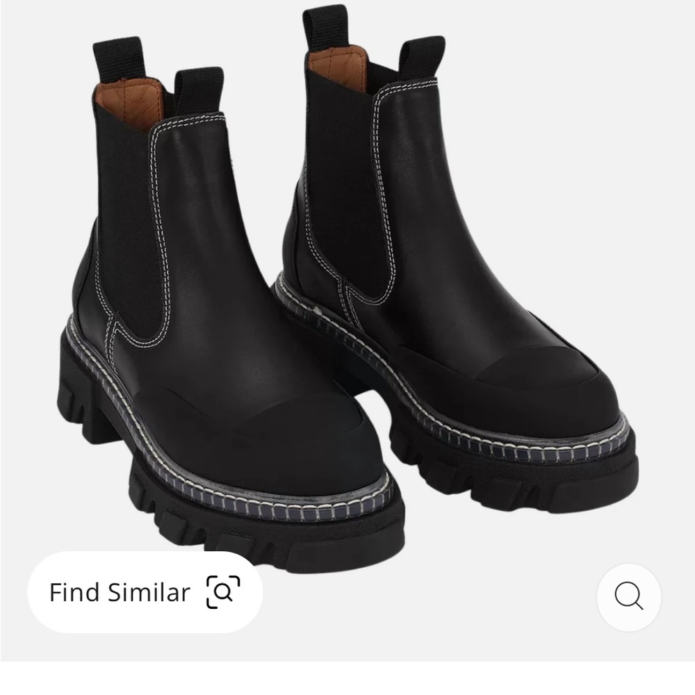 Ganni Black Ankle Boots with White Stitching